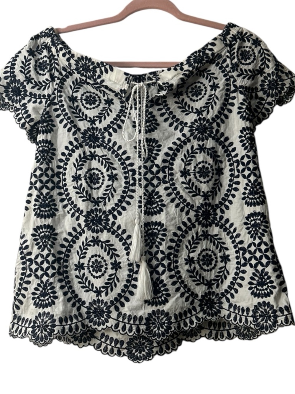 JODIFL Navy Blue  Embroidered Off-Shoulder Blouse on white